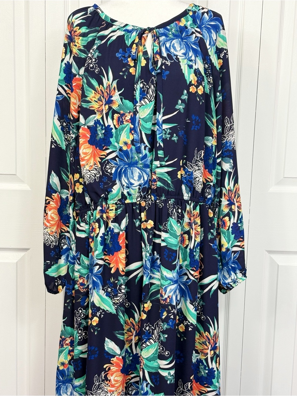 Ava & Viv Colorful Navy Blue Tropical Floral Boho Long Sleeve Midi Dress 3X